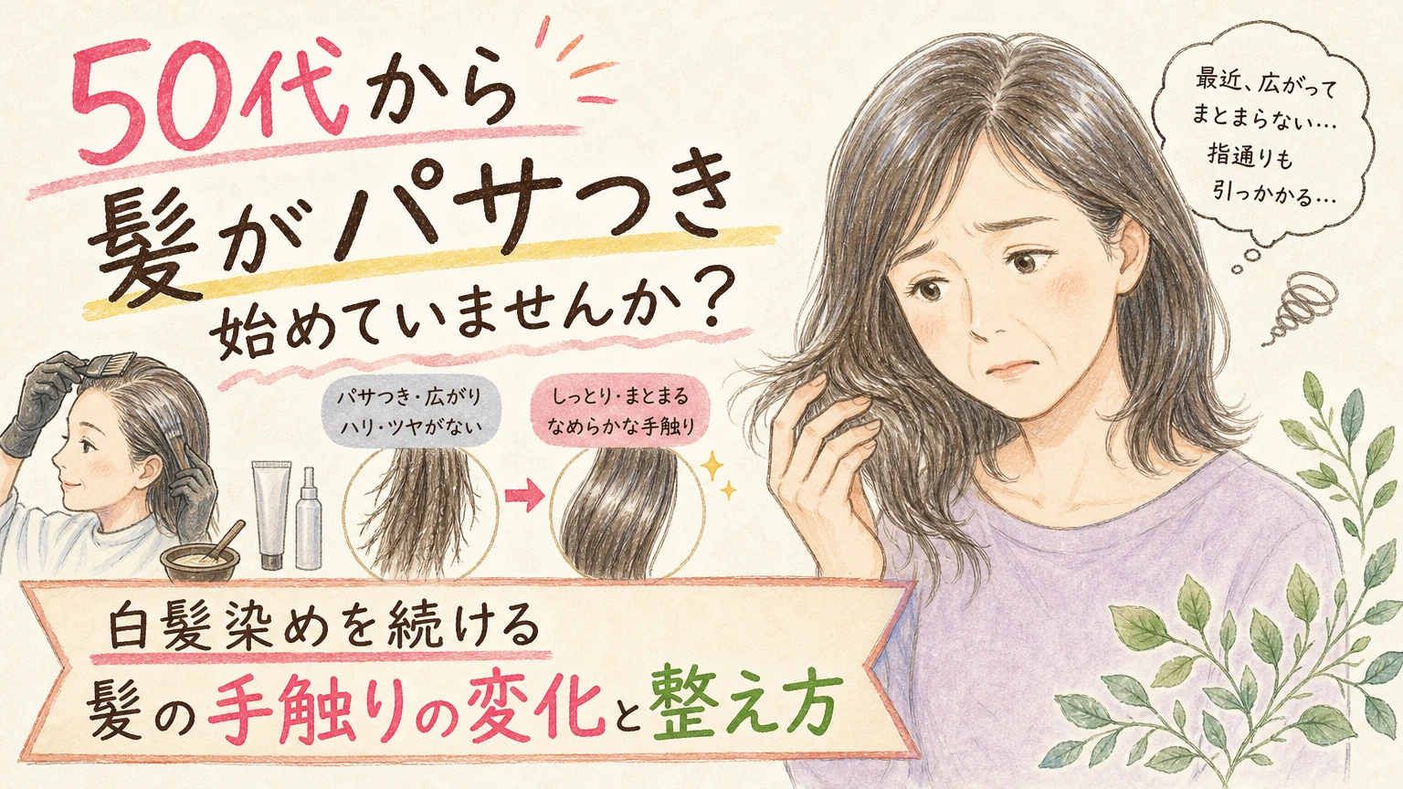 50代から髪がパサつき始める理由|手触りを整える毎日のケアの内容を示すアイソメトリック図解