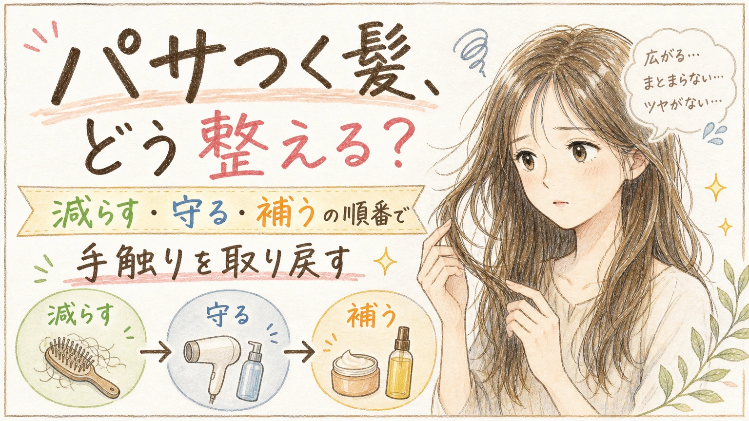 60代で髪がパサパサになる原因|手触りを取り戻すケアの順番の内容を示すアイソメトリック図解
