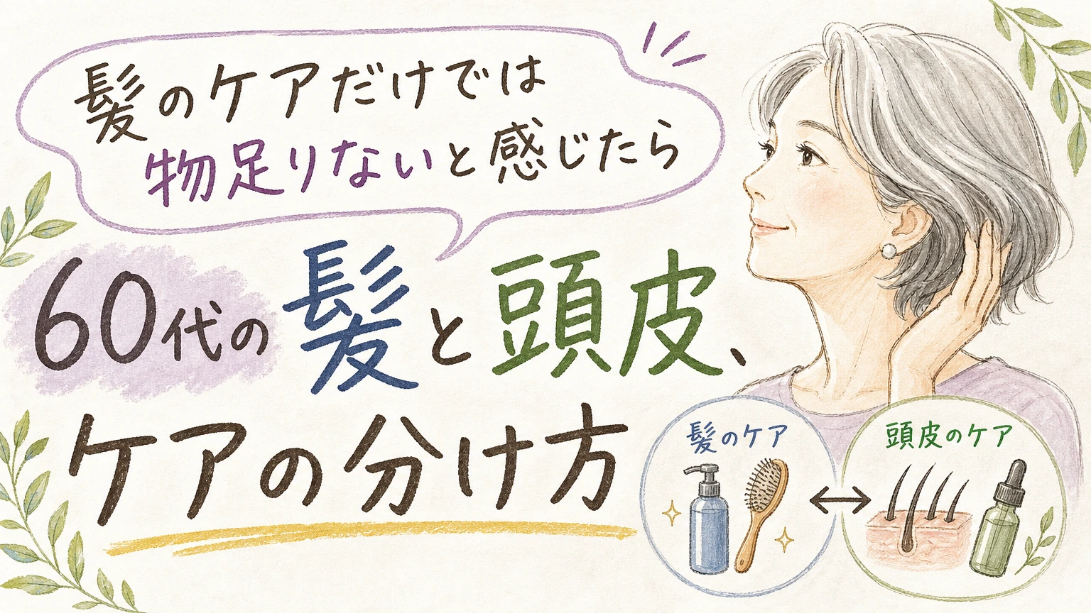 髪のケアだけでは物足りないと感じたら|60代の髪と頭皮ケアの分け方の内容を示すアイソメトリック図解