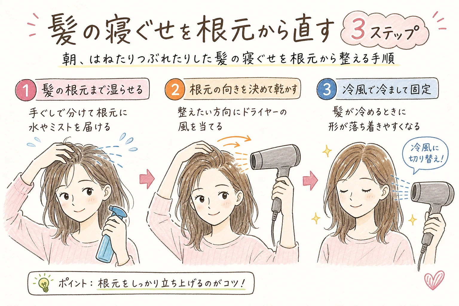 髪の寝ぐせを根元から直す3ステップ｜朝、はねたりつぶれたりした髪の寝ぐせを根元から整える手順