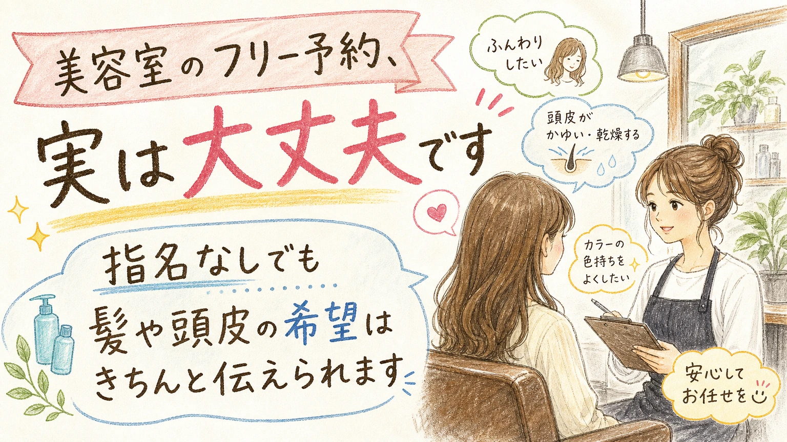 美容室のフリー予約は大丈夫？｜指名なしで通うときの見るところの内容を示すアイソメトリック図解