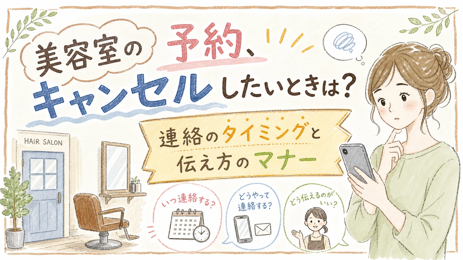 美容室の予約をキャンセル・変更したい方へ|連絡のタイミングとマナーの内容を示すアイソメトリック図解