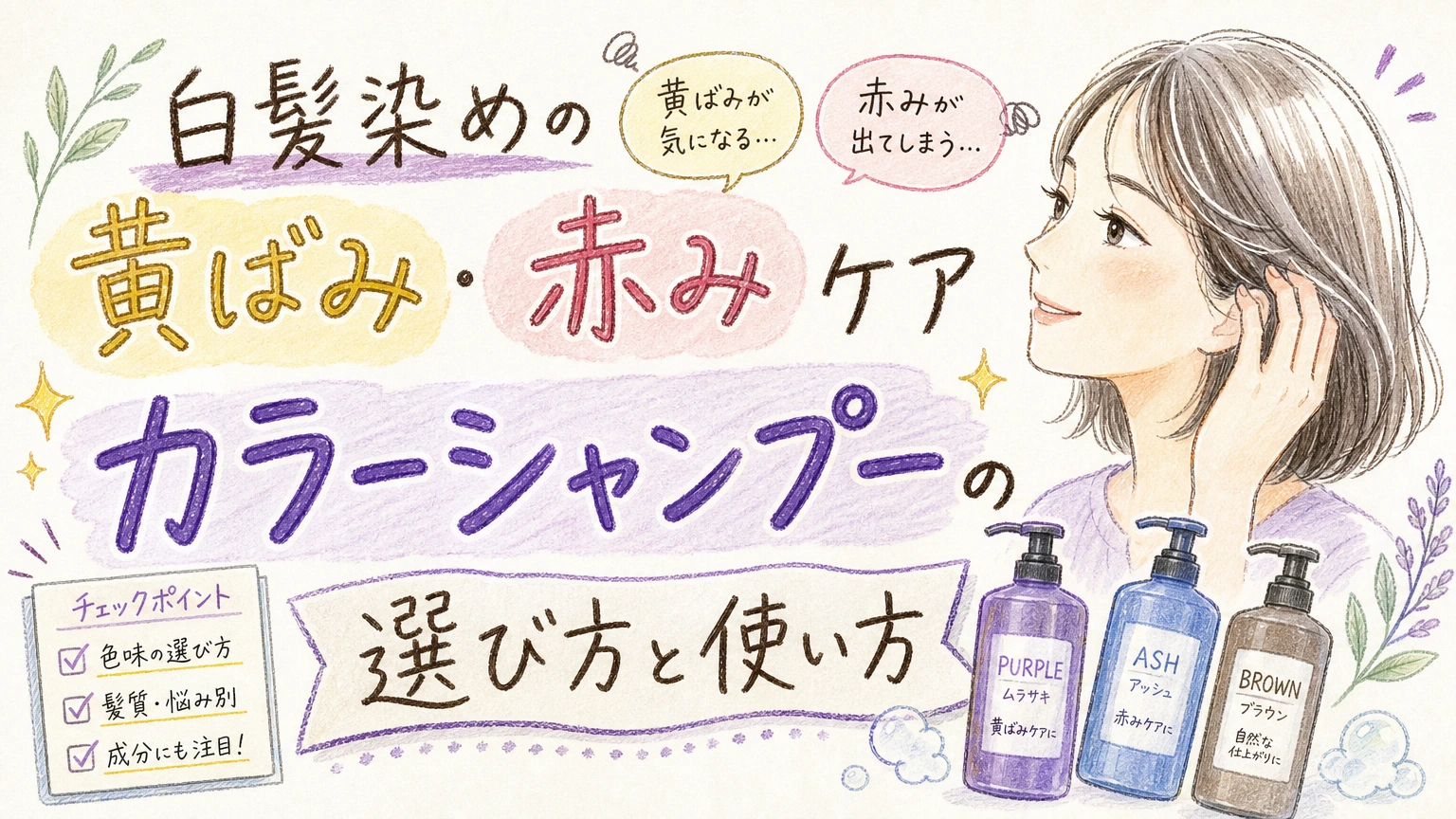 白髪染めの黄ばみが気になる方へ|カラーシャンプーの選び方と使い方の内容を示すアイソメトリック図解