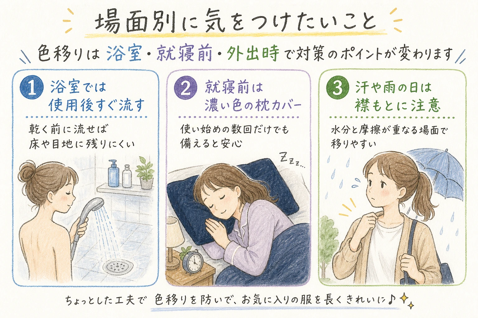 場面別に気をつけたいこと|色移りは浴室・就寝前・外出時で対策のポイントが変わります