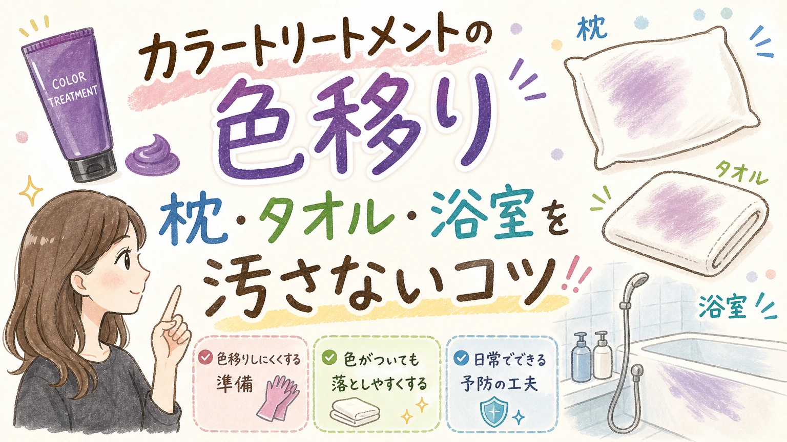カラートリートメントの色移りが気になる方へ|枕・タオル・浴室の防ぎ方の内容を示すアイソメトリック図解