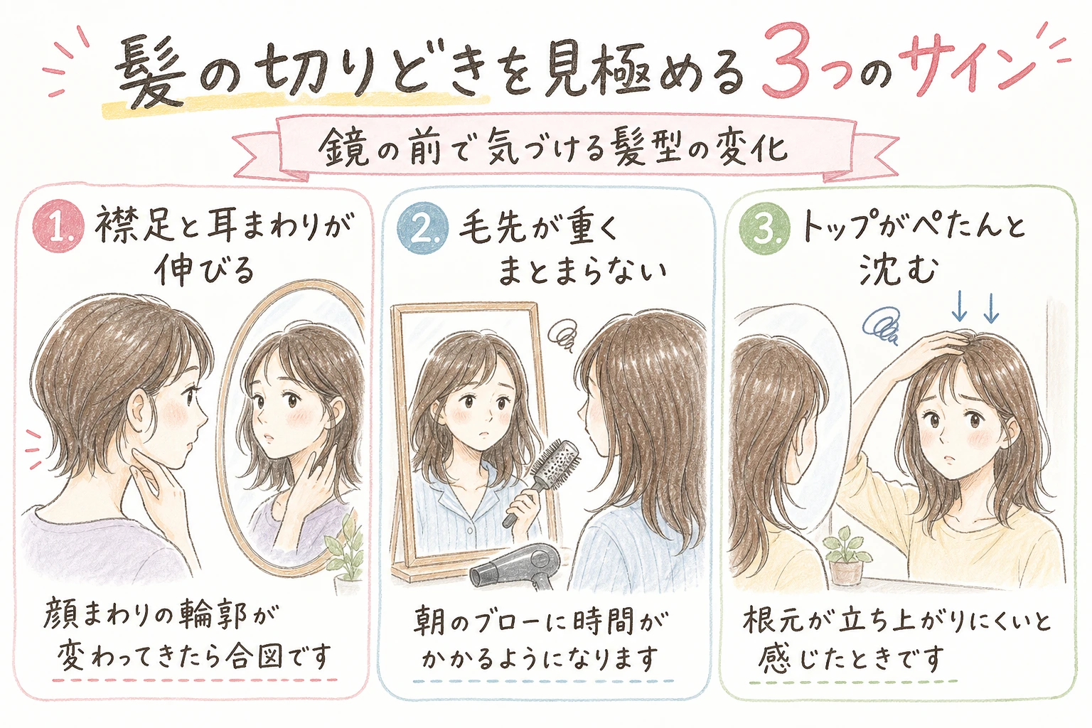 髪の切りどきを見極める3つのサイン|鏡の前で気づける髪型の変化