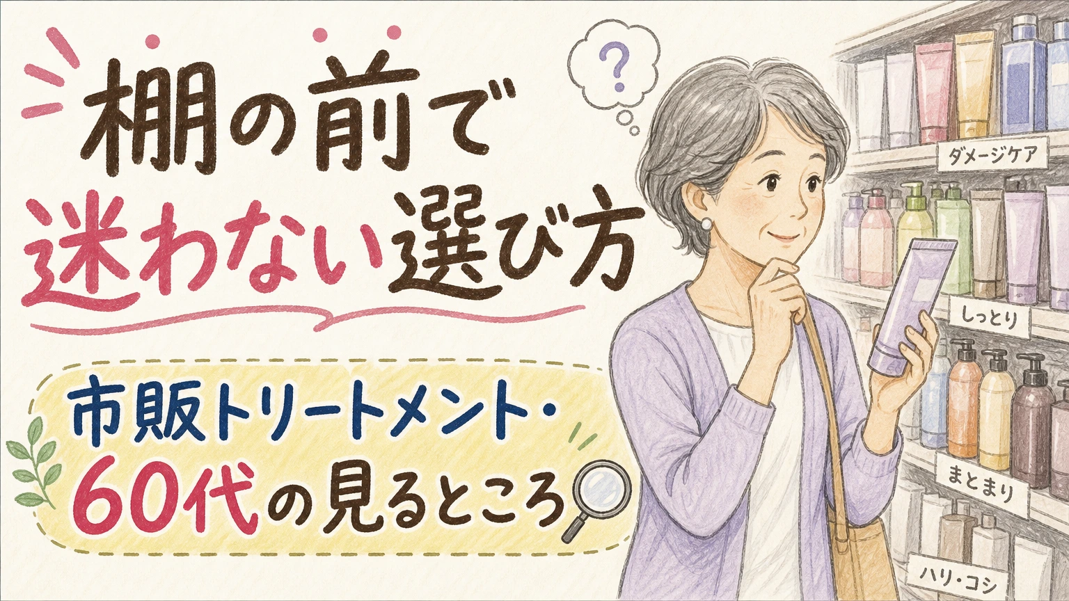 ドラッグストアのトリートメント選び|60代が棚の前で見るところの内容を示すアイソメトリック図解