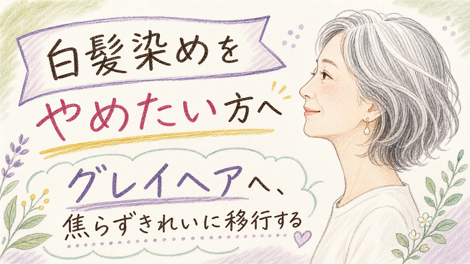 白髪染めをやめたい方へ|グレイヘアへの移行をきれいに進めるコツの内容を示すアイソメトリック図解