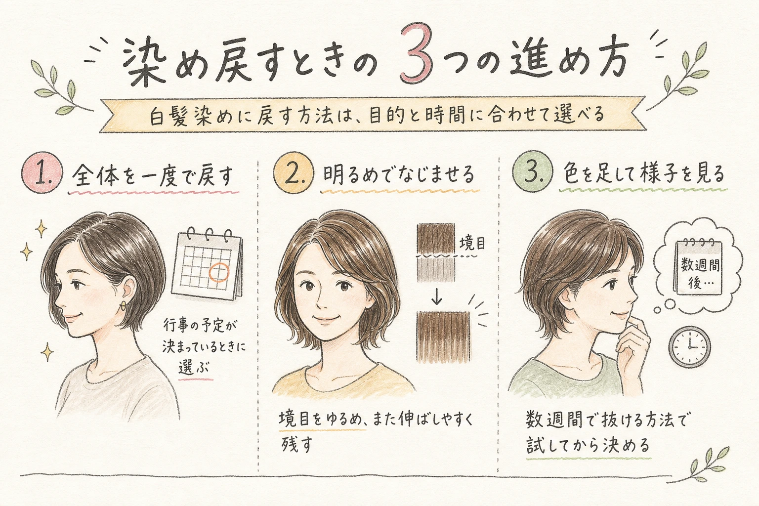 染め戻すときの3つの進め方|白髪染めに戻す方法は、目的と時間に合わせて選べる