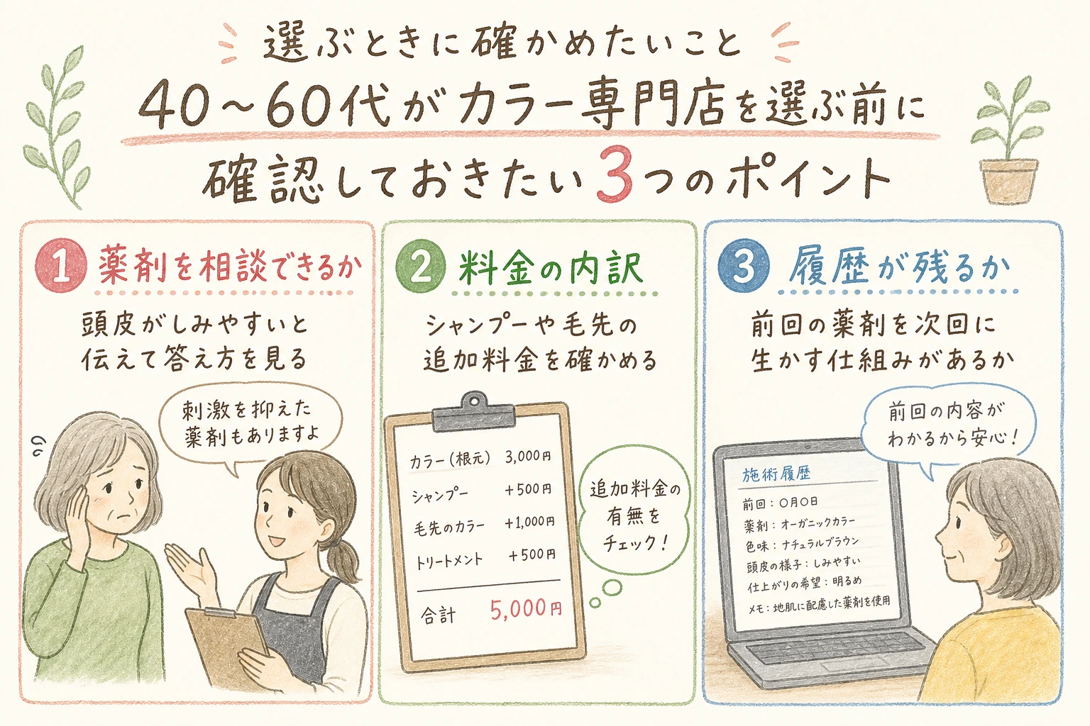 選ぶときに確かめたいこと|40〜60代がカラー専門店を選ぶ前に確認しておきたい3つのポイント