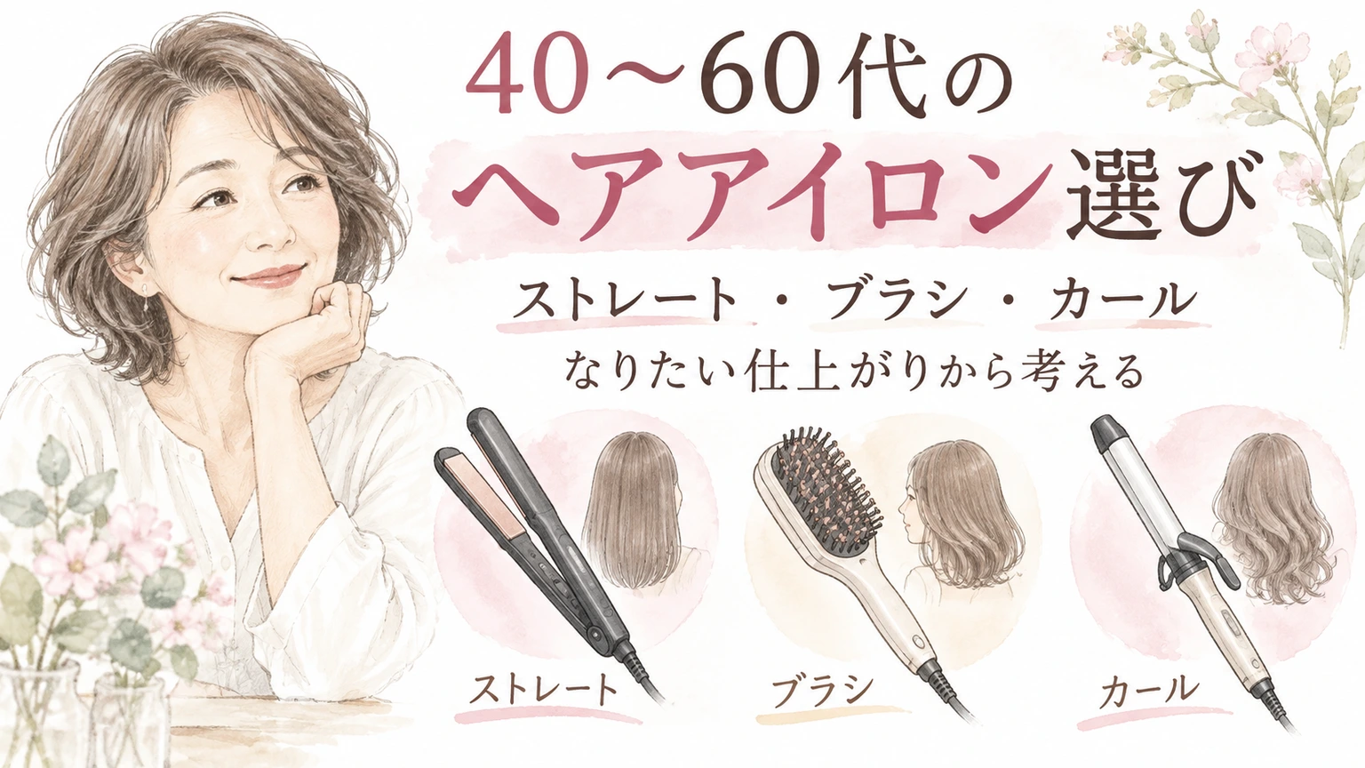40〜60代のヘアアイロン選び｜ストレート・ブラシ・カールの違いの内容を示すアイソメトリック図解