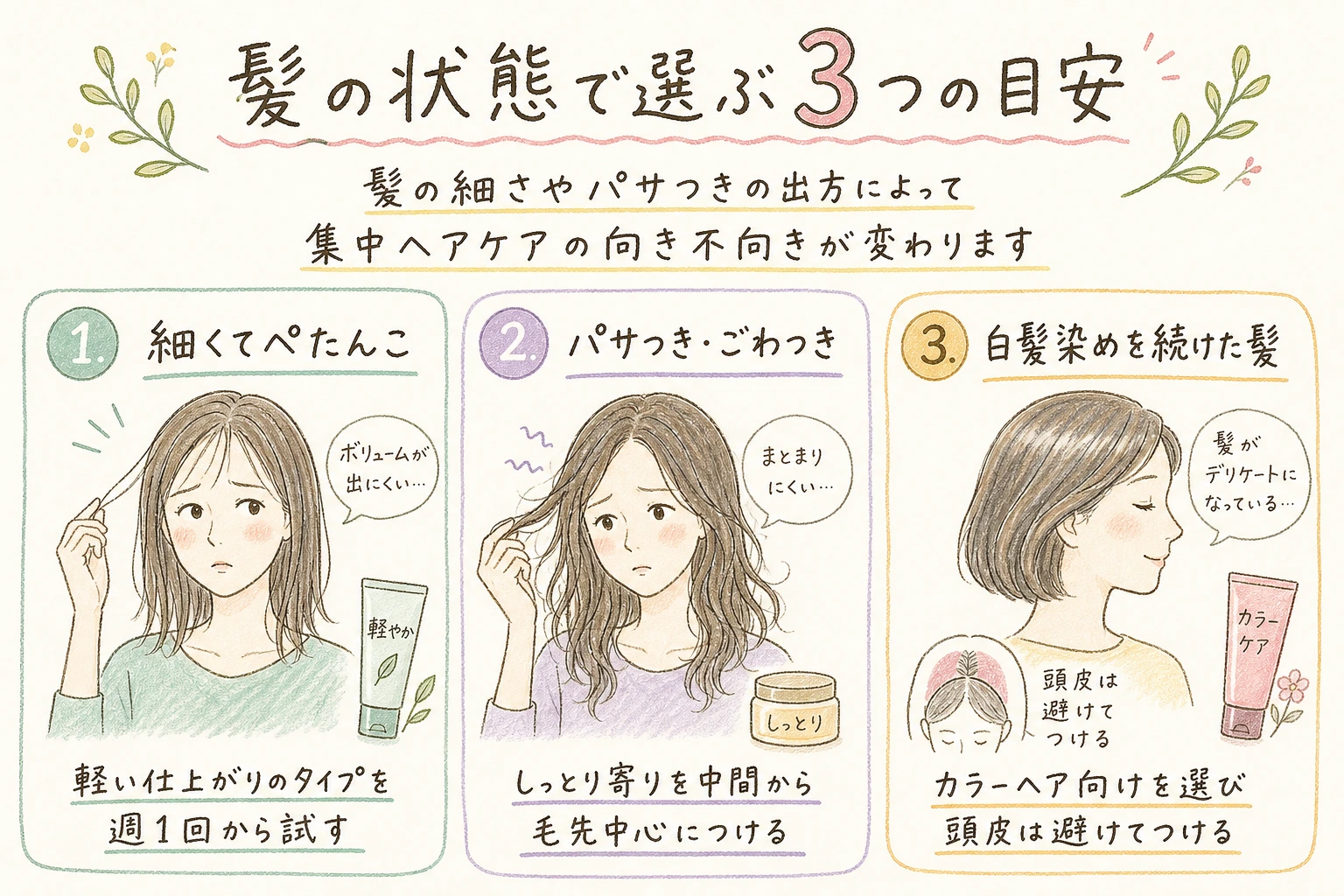 髪の状態で選ぶ3つの目安｜髪の細さやパサつきの出方によって集中ヘアケアの向き不向きが変わります