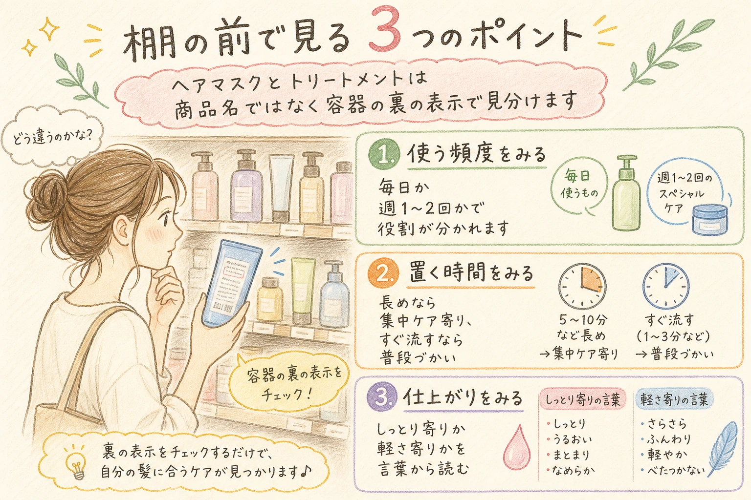棚の前で見る3つのポイント｜ヘアマスクとトリートメントは商品名ではなく容器の裏の表示で見分けます