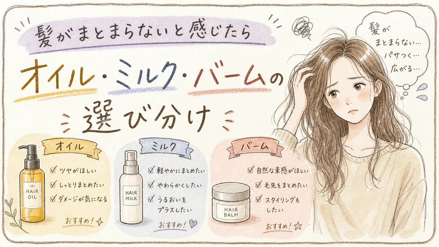 髪がまとまらない方へ|ヘアオイル・ミルク・バームの選び方と使い分けの内容を示すアイソメトリック図解