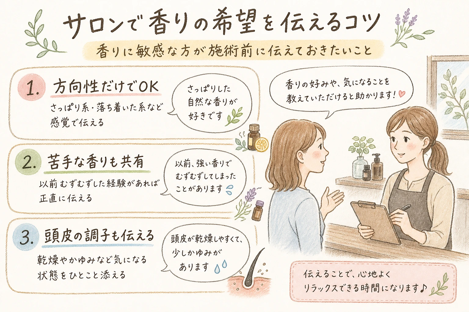 サロンで香りの希望を伝えるコツ｜香りに敏感な方が施術前に伝えておきたいことを示す