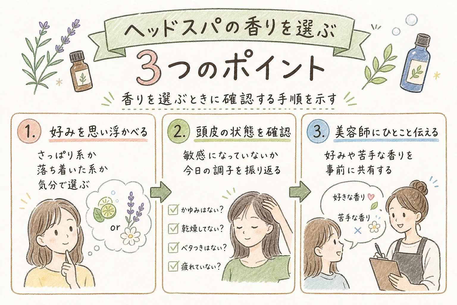 ヘッドスパの香りを選ぶ3つのポイント｜香りを選ぶときに確認する手順を示す