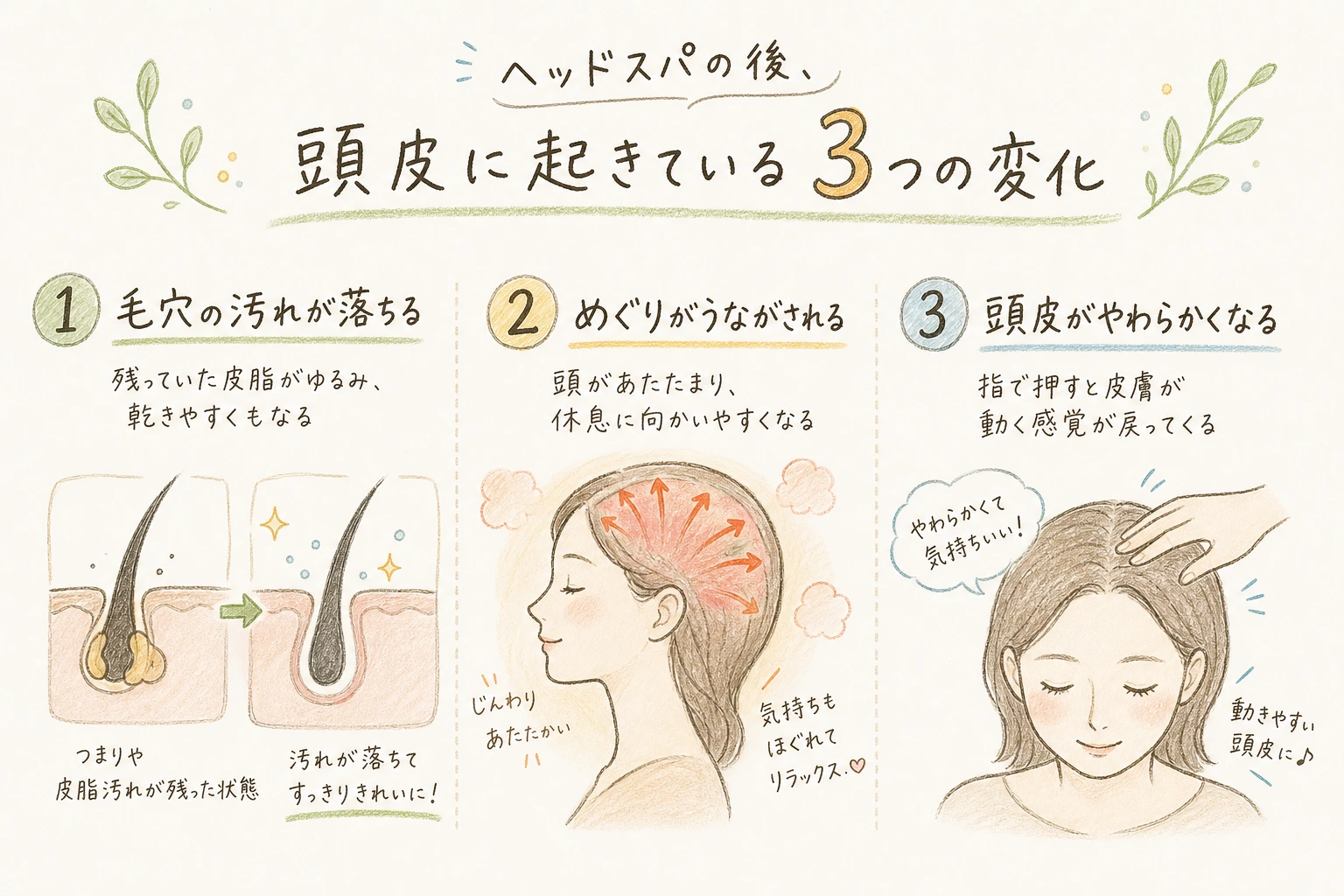 ヘッドスパの後、頭皮に起きている3つの変化｜汚れが落ち、めぐりがうながされ、頭皮がやわらかく動きやすくなっている