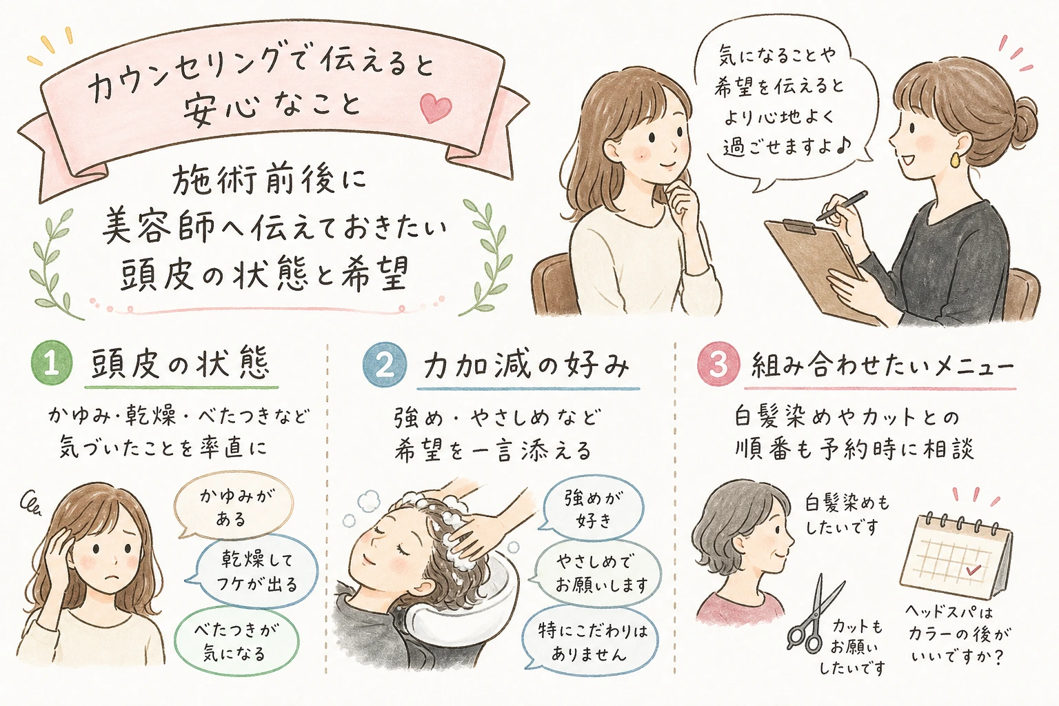 カウンセリングで伝えると安心なこと｜施術前後に美容師へ伝えておきたい頭皮の状態と希望