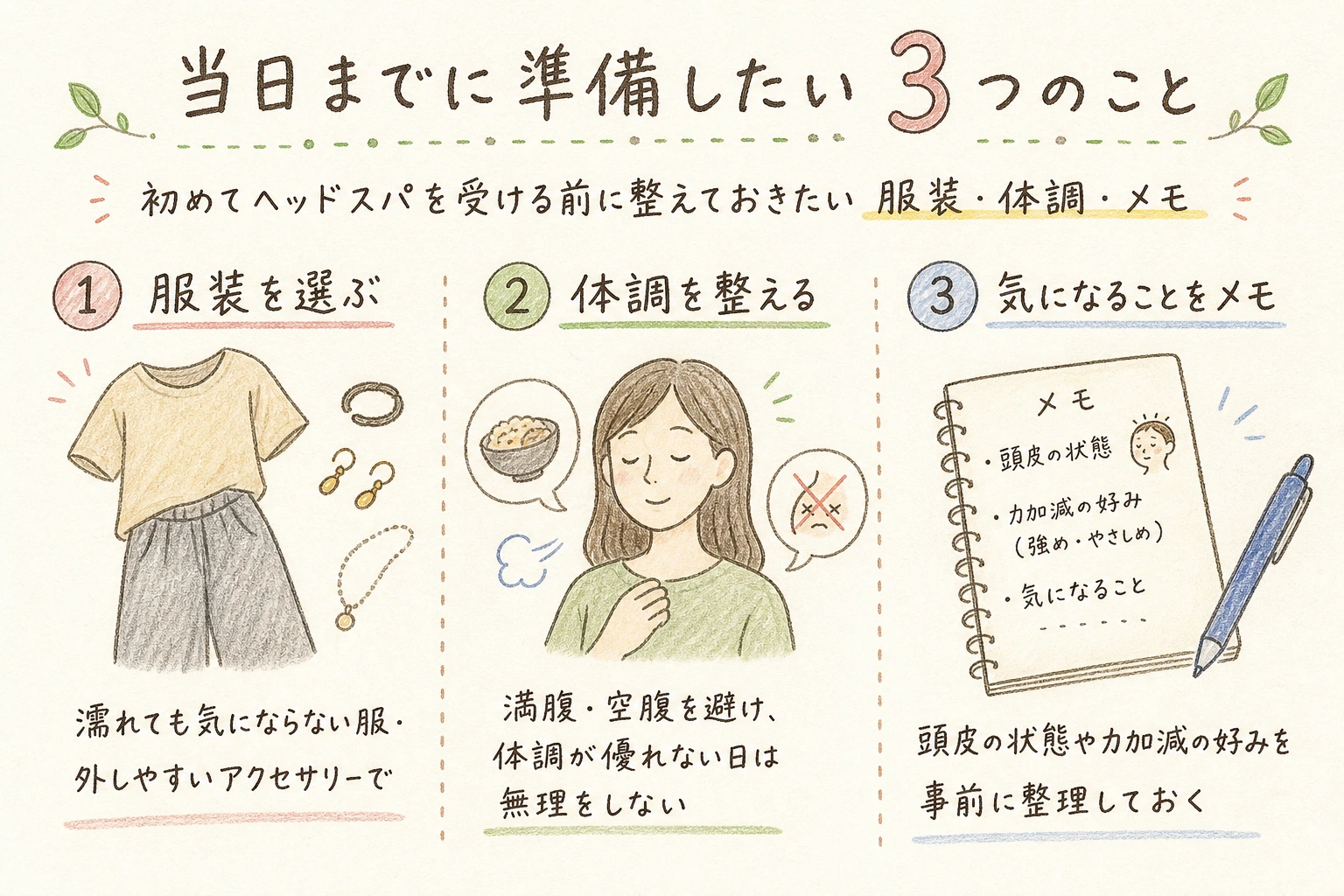 当日までに準備したい3つのこと｜初めてヘッドスパを受ける前に整えておきたい服装・体調・メモ