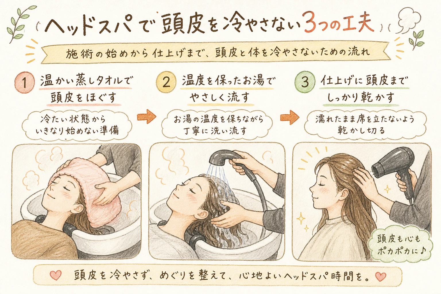ヘッドスパで頭皮を冷やさない3つの工夫|施術の始めから仕上げまで、頭皮と体を冷やさないための流れ