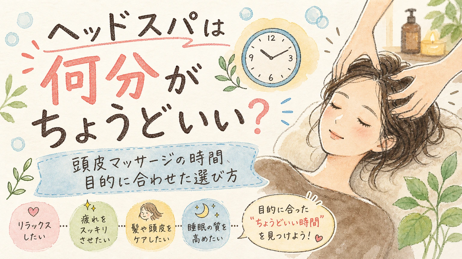 ヘッドスパは何分がちょうどいい？｜時間の目安と当日の過ごし方の内容を示すアイソメトリック図解