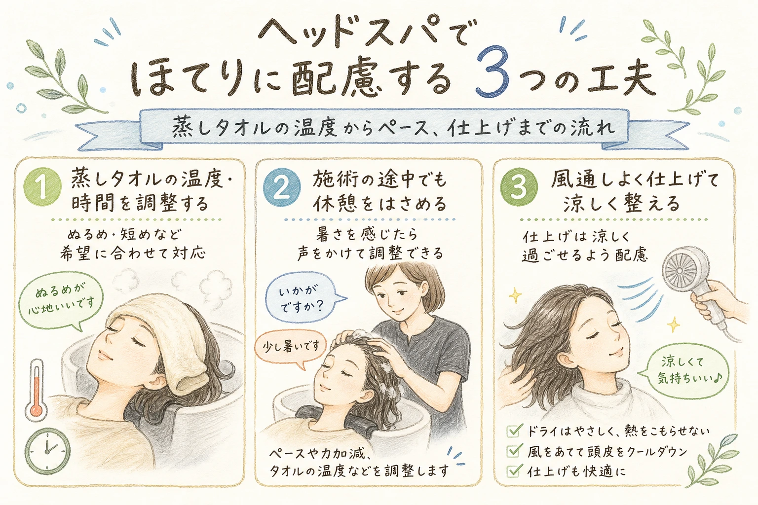 ヘッドスパでほてりに配慮する3つの工夫|蒸しタオルの温度からペース、仕上げまでの流れ