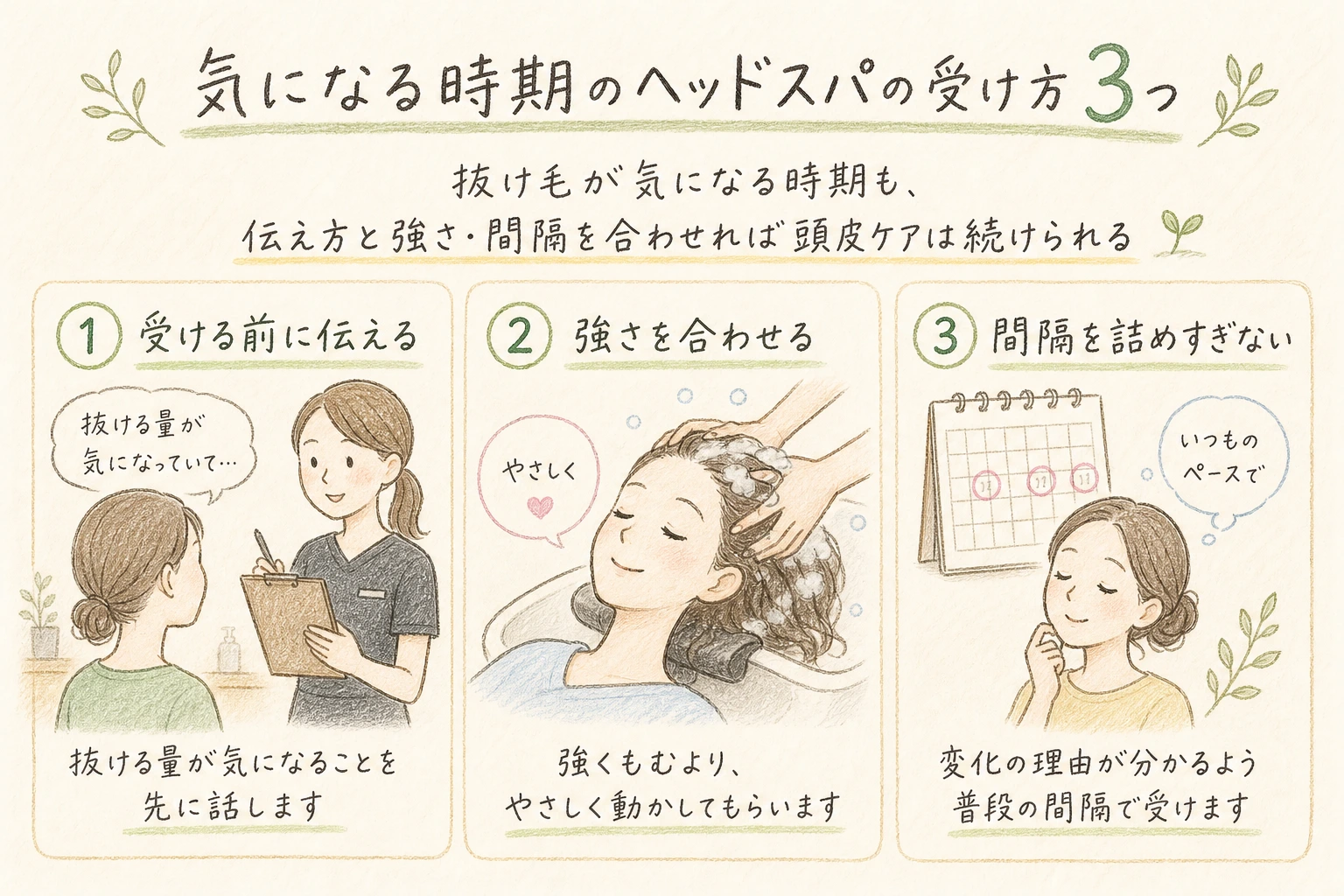 気になる時期のヘッドスパの受け方3つ｜抜け毛が気になる時期も、伝え方と強さ・間隔を合わせれば頭皮ケアは続けられる