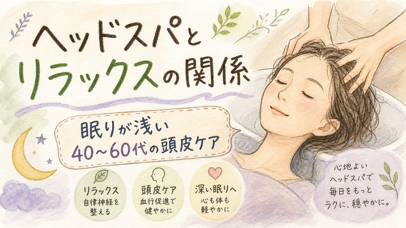 眠りが浅い・疲れが取れない方へ|ヘッドスパとリラックスの関係の内容を示すアイソメトリック図解