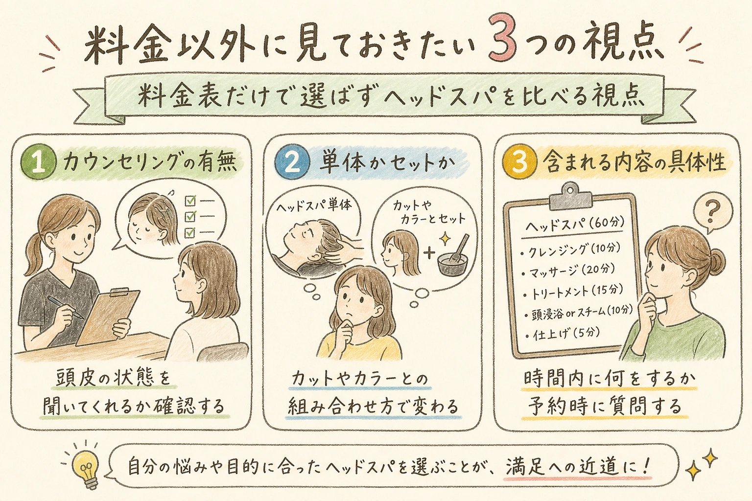 料金以外に見ておきたい3つの視点|料金表だけで選ばずヘッドスパを比べる視点