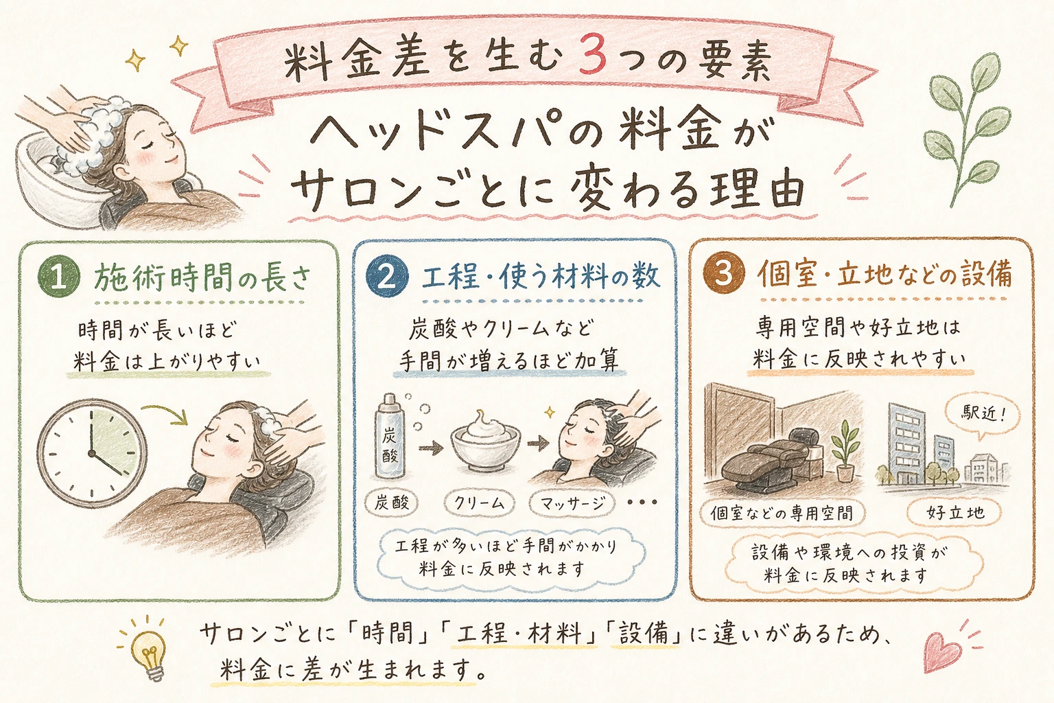 料金差を生む3つの要素|ヘッドスパの料金がサロンごとに変わる理由
