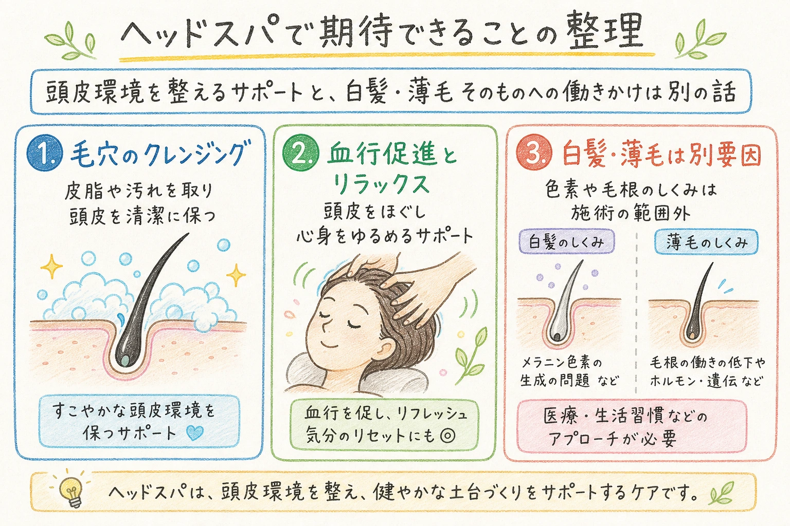ヘッドスパで期待できることの整理｜頭皮環境を整えるサポートと、白髪・薄毛そのものへの働きかけは別の話