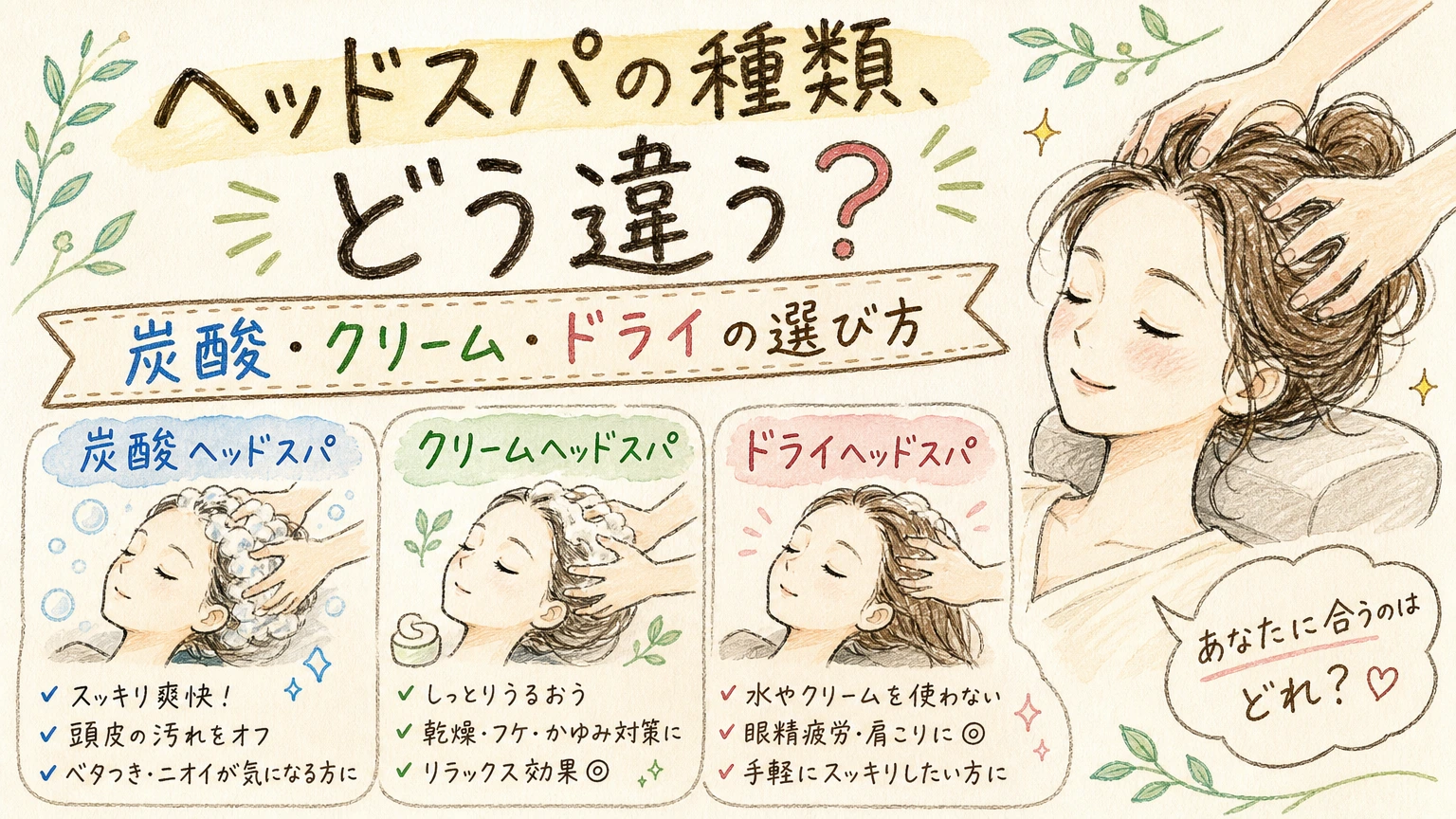 ヘッドスパの種類はどう違う?炭酸・クリーム・ドライの選び方の内容を示すアイソメトリック図解