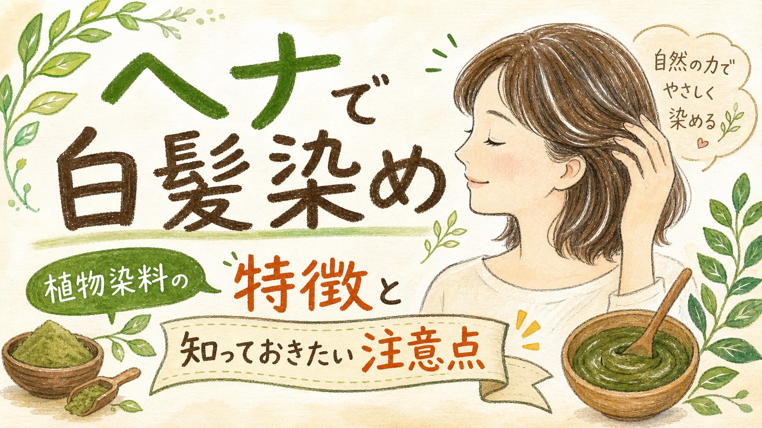 ヘナで白髪染めを考える方へ|植物染料の特徴と知っておきたい注意点の内容を示すアイソメトリック図解