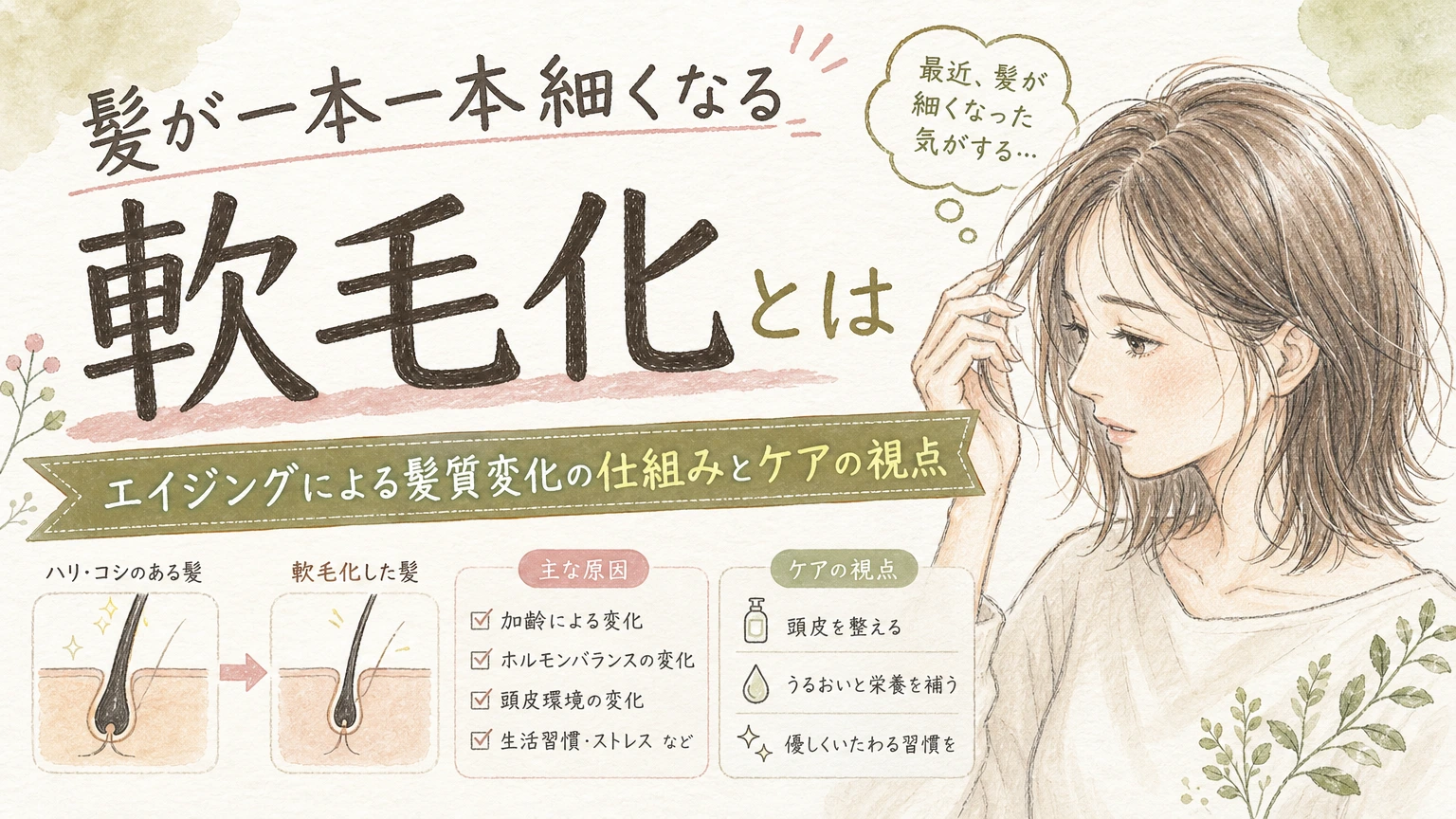 髪が一本一本細くなった気がする方へ｜40〜60代の軟毛化とケアの内容を示すアイソメトリック図解
