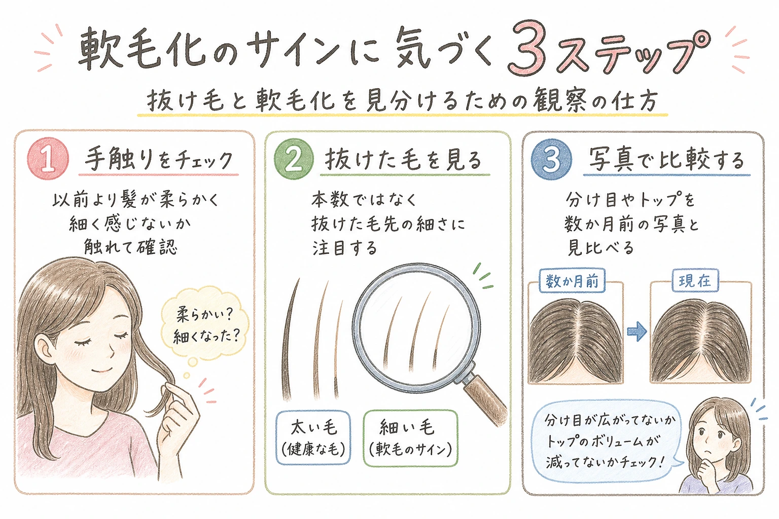 軟毛化のサインに気づく3ステップ｜抜け毛と軟毛化を見分けるための観察の仕方を示す