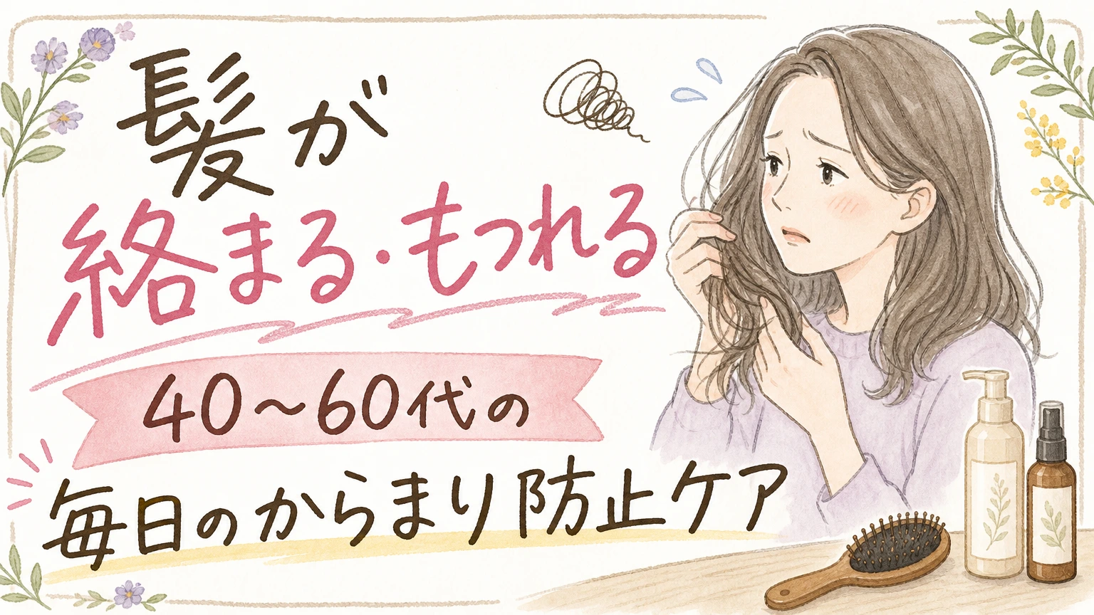髪が絡まる・もつれる方へ|40〜60代の原因と毎日の防止ケアの内容を示すアイソメトリック図解