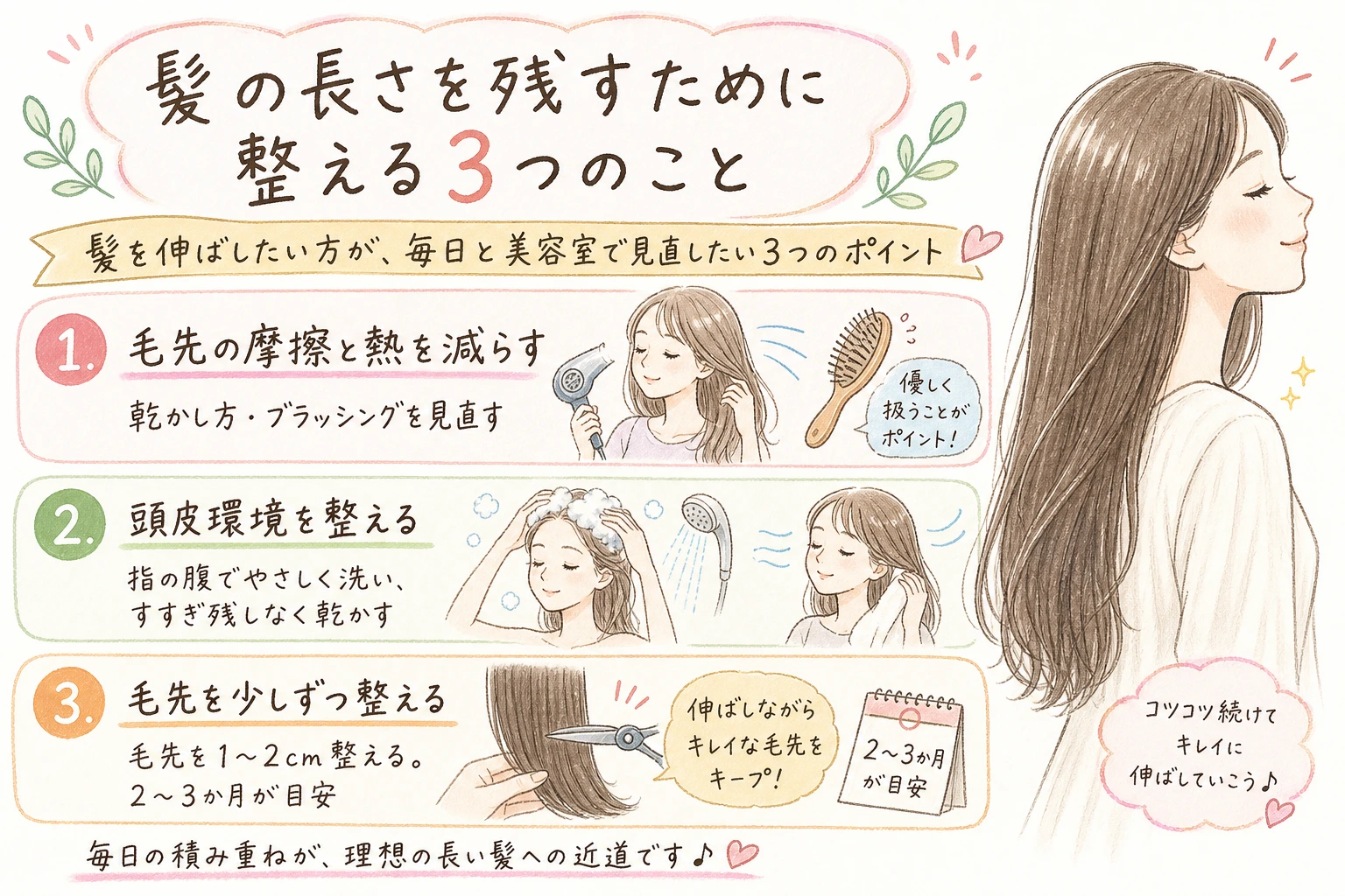 髪の長さを残すために整える3つのこと|髪を伸ばしたい方が、毎日と美容室で見直したい3つのポイント