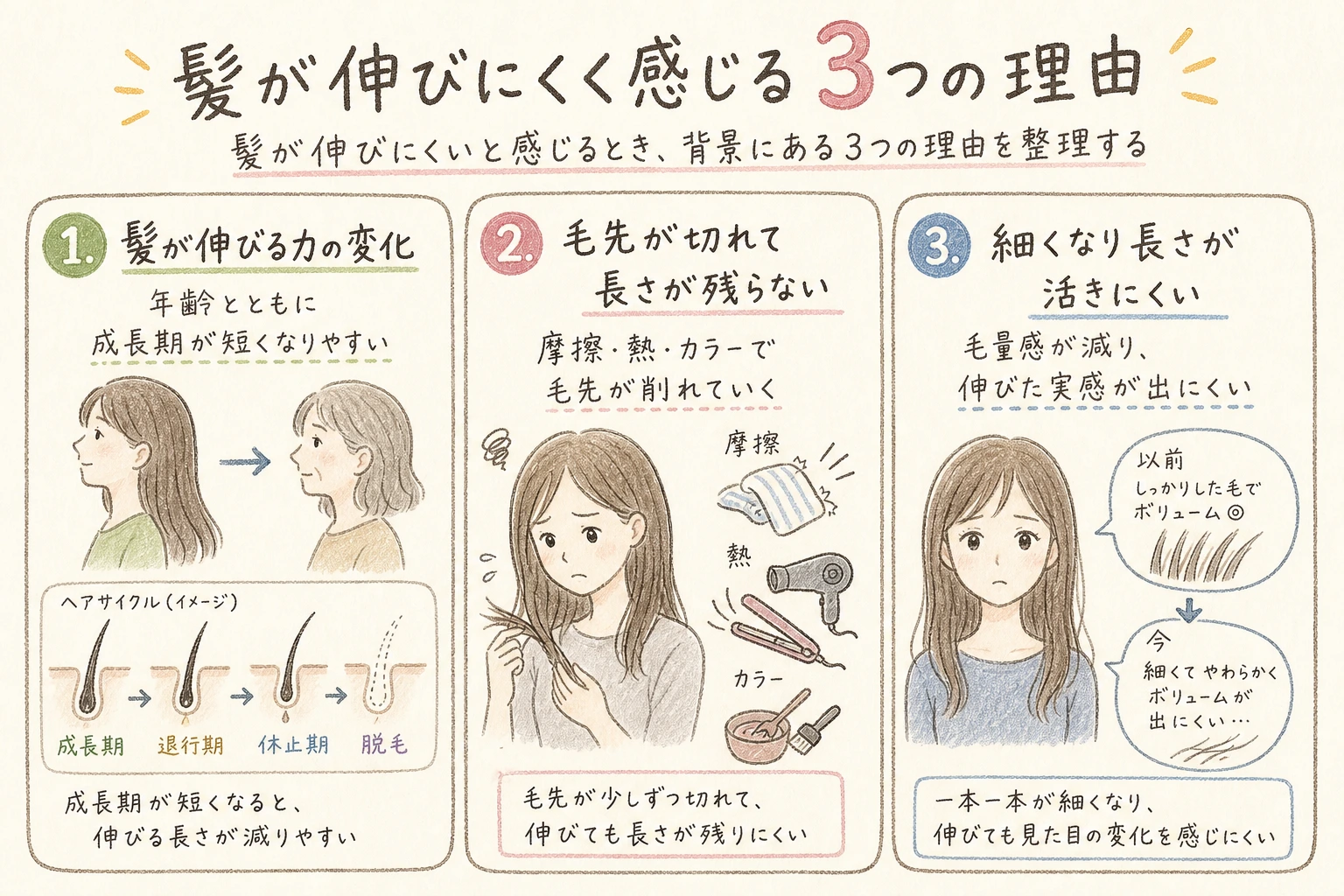 髪が伸びにくく感じる3つの理由|髪が伸びにくいと感じるとき、背景にある3つの理由を整理する