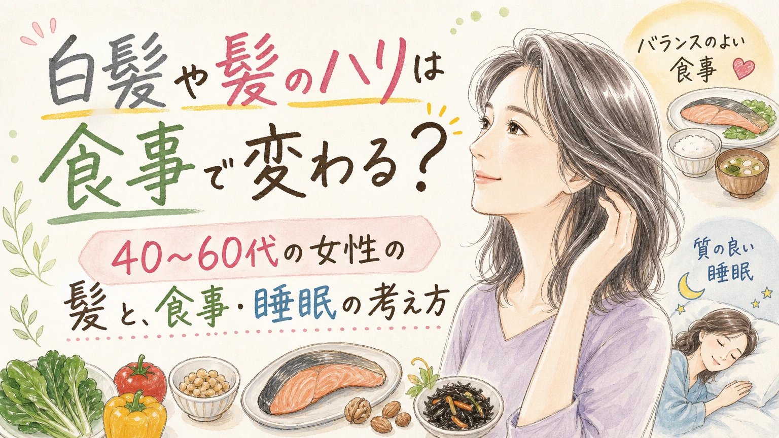 白髪や髪のハリは食事で変わる?|40〜60代の食事と睡眠の考え方の内容を示すアイソメトリック図解