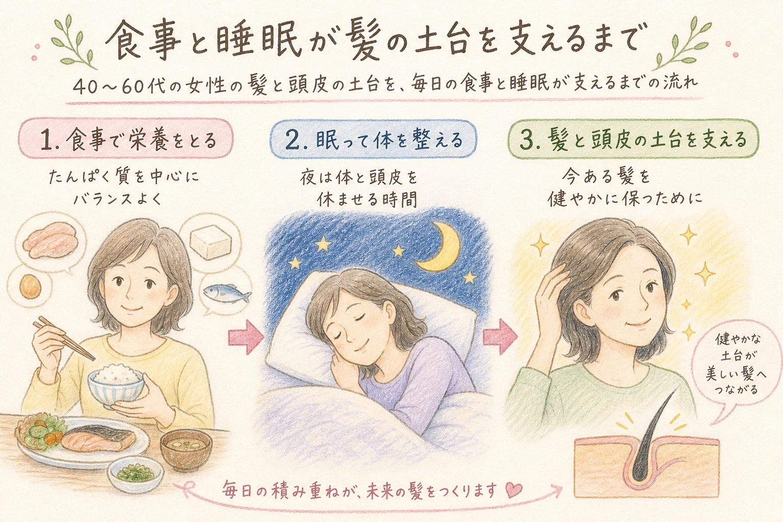 食事と睡眠が髪の土台を支えるまで|40〜60代の女性の髪と頭皮の土台を、毎日の食事と睡眠が支えるまでの流れ