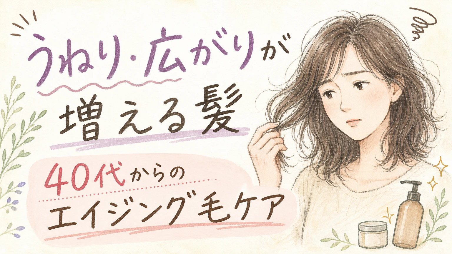 髪のうねり・広がりが増えるエイジング毛のケアを示す手書きイラスト風のアイキャッチ