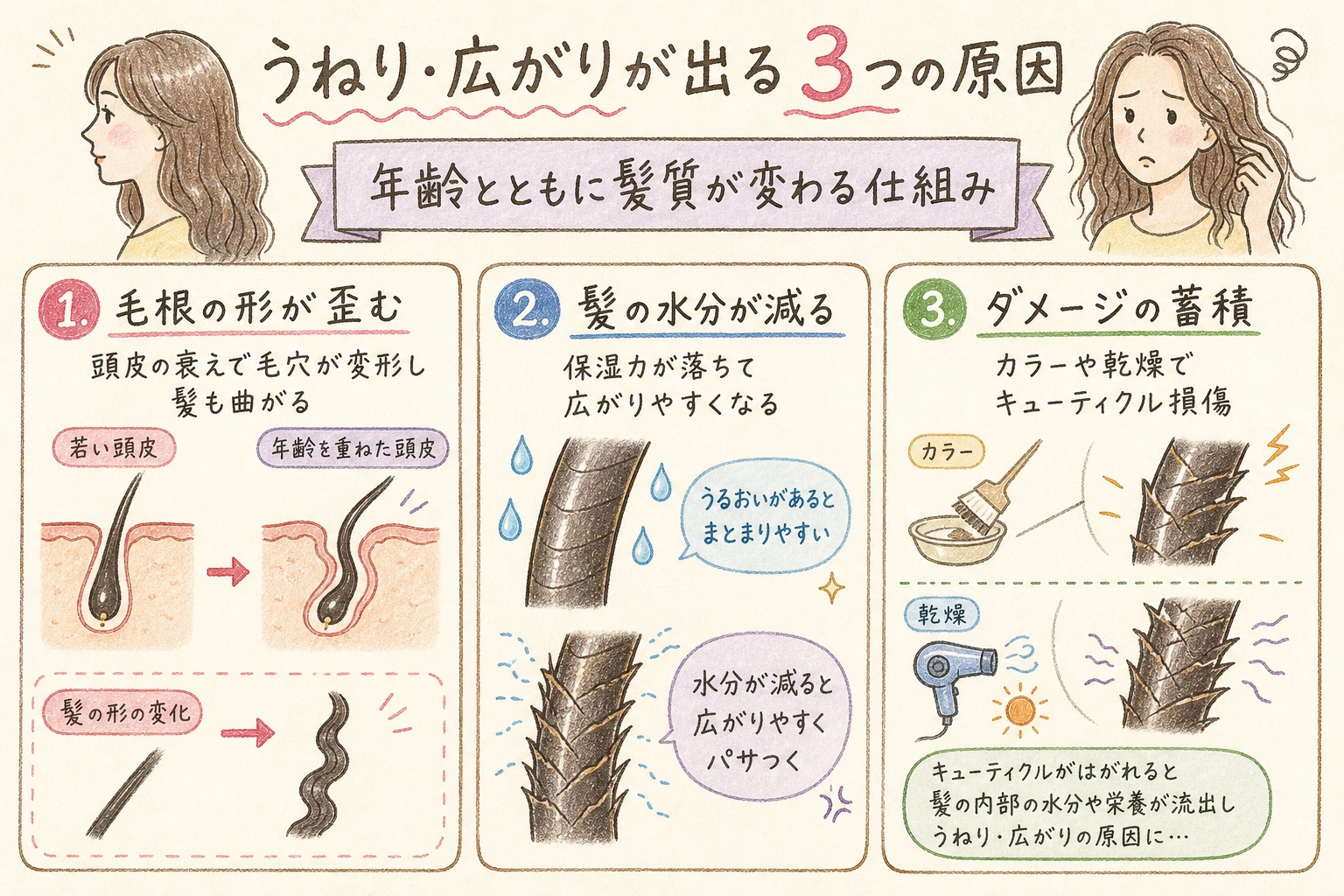 髪のうねり・広がりが出る主な原因を示す手書きイラスト風の本文図解
