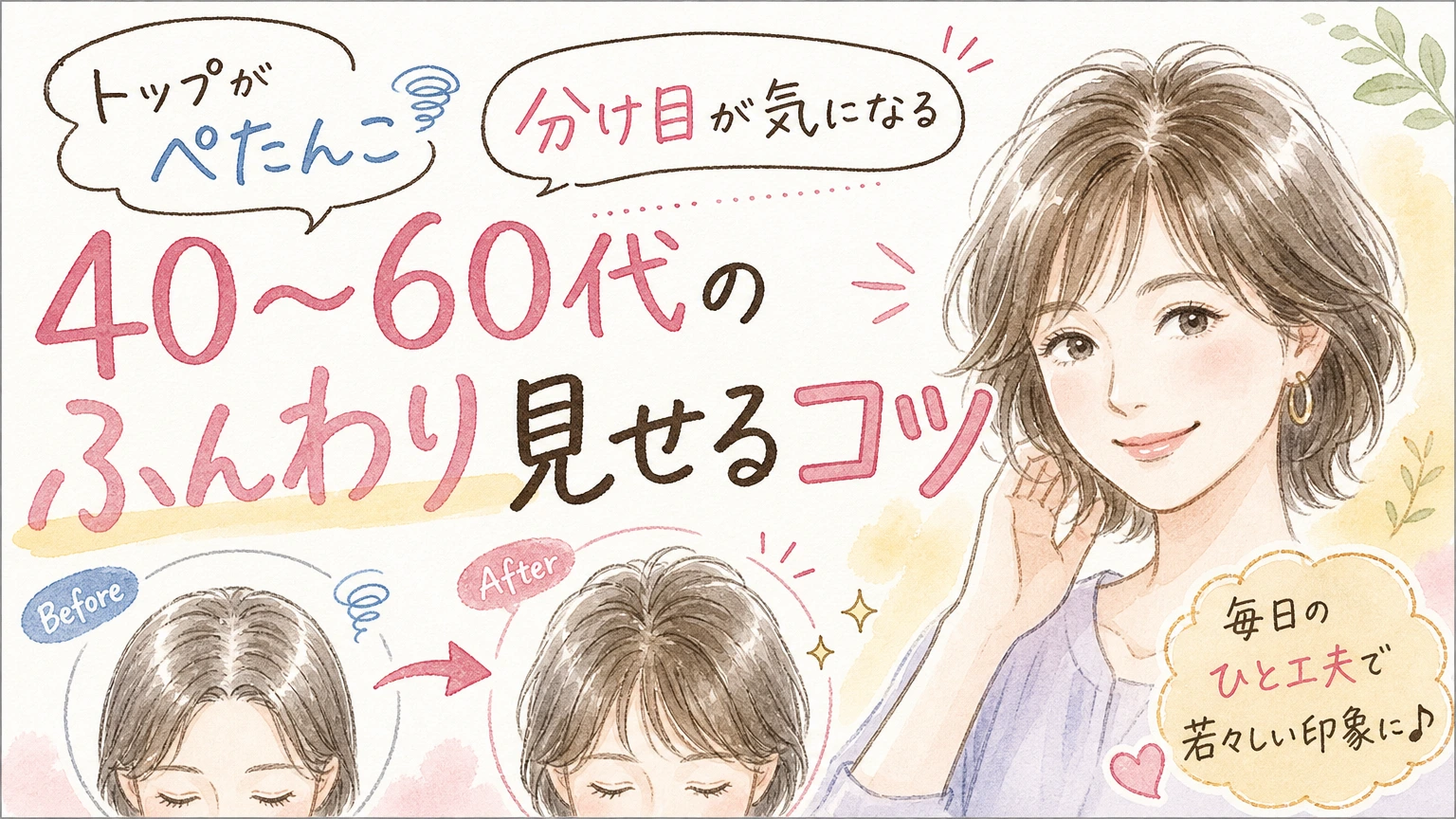 トップがぺたんこ・分け目が目立つ方へ|40〜60代のふんわり見せるコツの内容を示すアイソメトリック図解