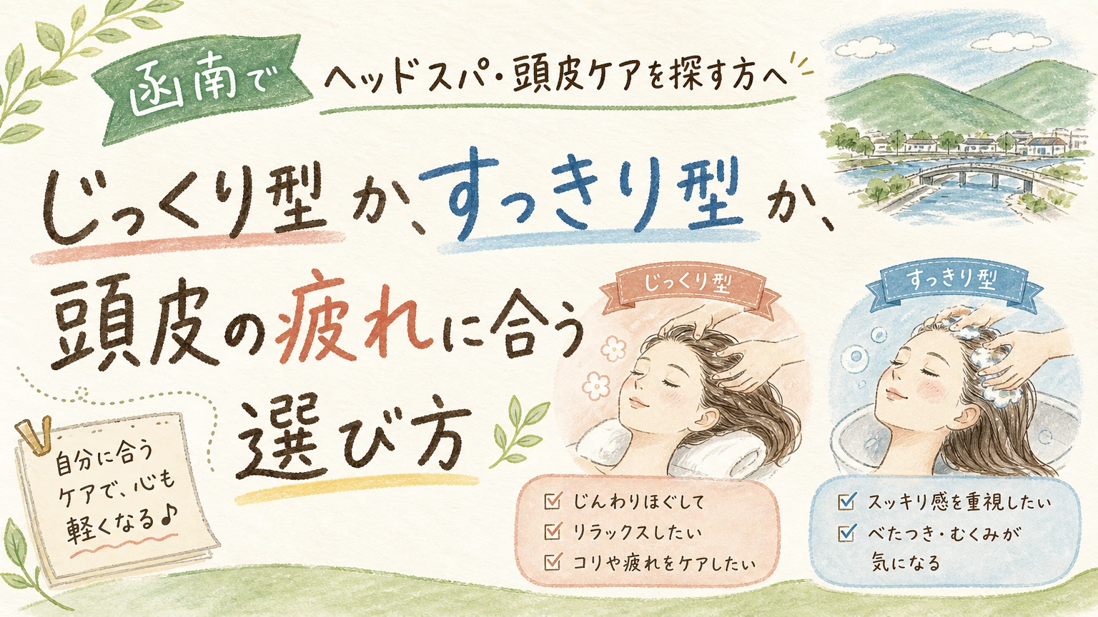 函南でヘッドスパ・頭皮ケアを探す方へ|じっくり整える選び方の内容を示すアイソメトリック図解
