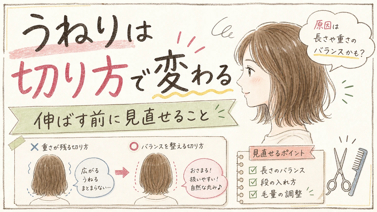 函南でくせ毛・うねりが気になる方へ|切り方で変わる扱いやすさの内容を示すアイソメトリック図解