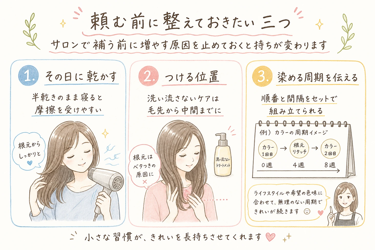 頼む前に整えておきたい三つ|サロンで補う前に増やす原因を止めておくと持ちが変わります