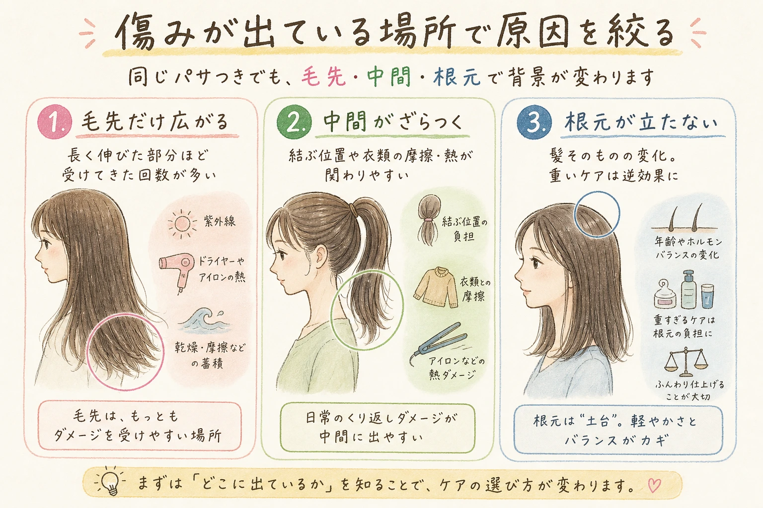 傷みが出ている場所で原因を絞る|同じパサつきでも、毛先・中間・根元で背景が変わります