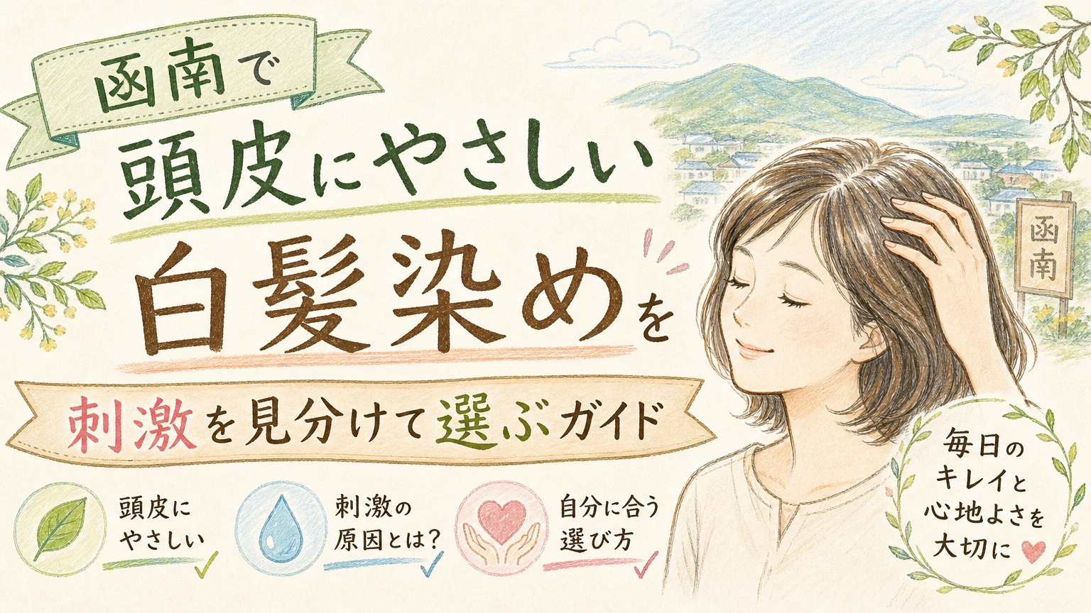 函南で頭皮にやさしい白髪染めを探す方へ|刺激を見分けて選ぶの内容を示すアイソメトリック図解