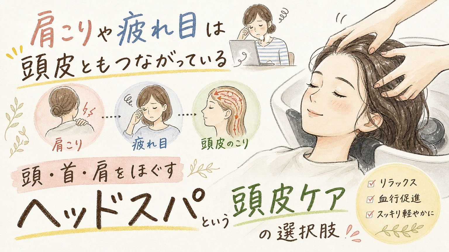 肩こり・眼精疲労が気になる方へ|頭皮とのつながりとヘッドスパの選び方の内容を示すアイソメトリック図解