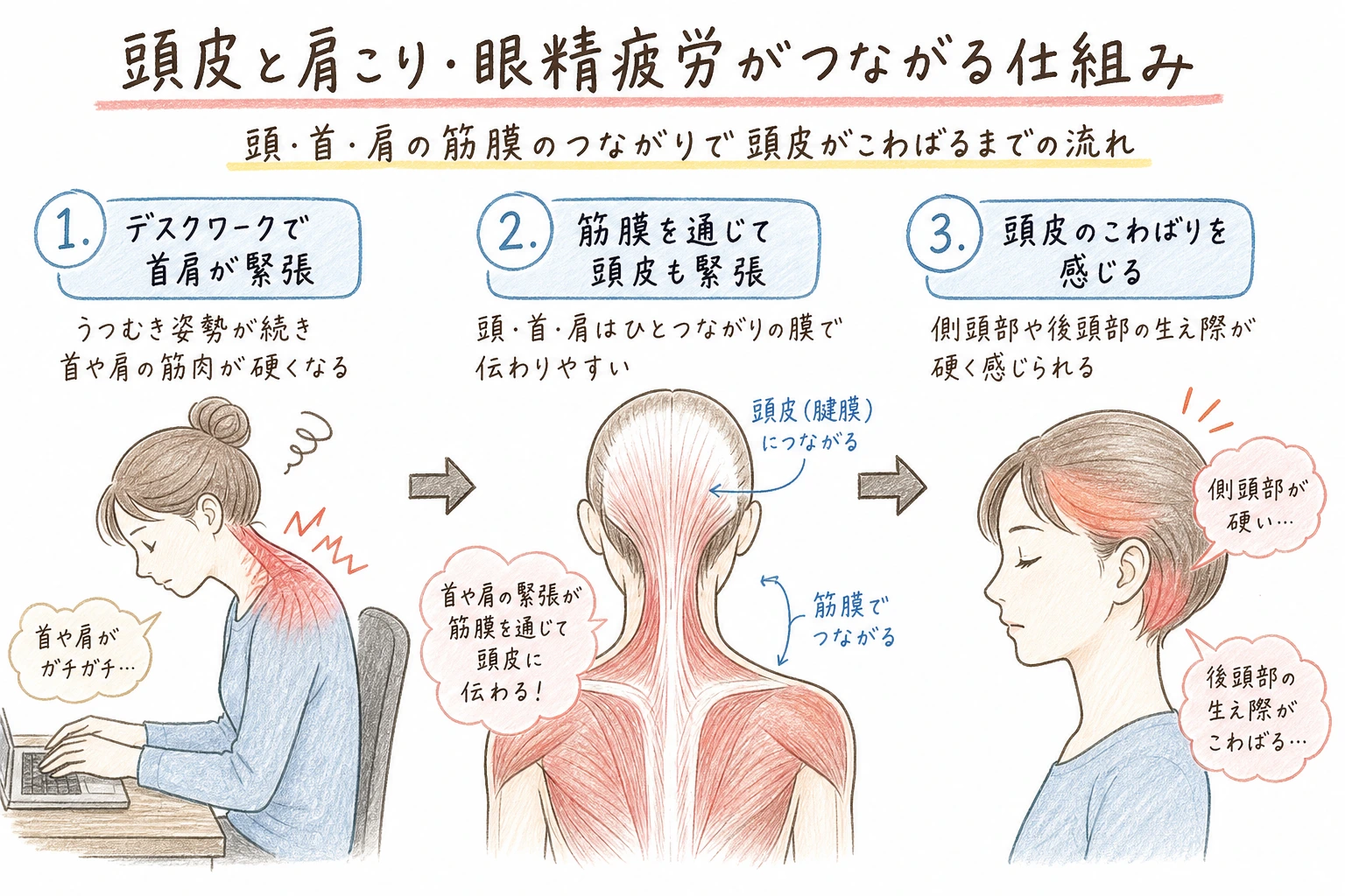 頭皮と肩こり・眼精疲労がつながる仕組み|頭・首・肩の筋膜のつながりで頭皮がこわばるまでの流れ